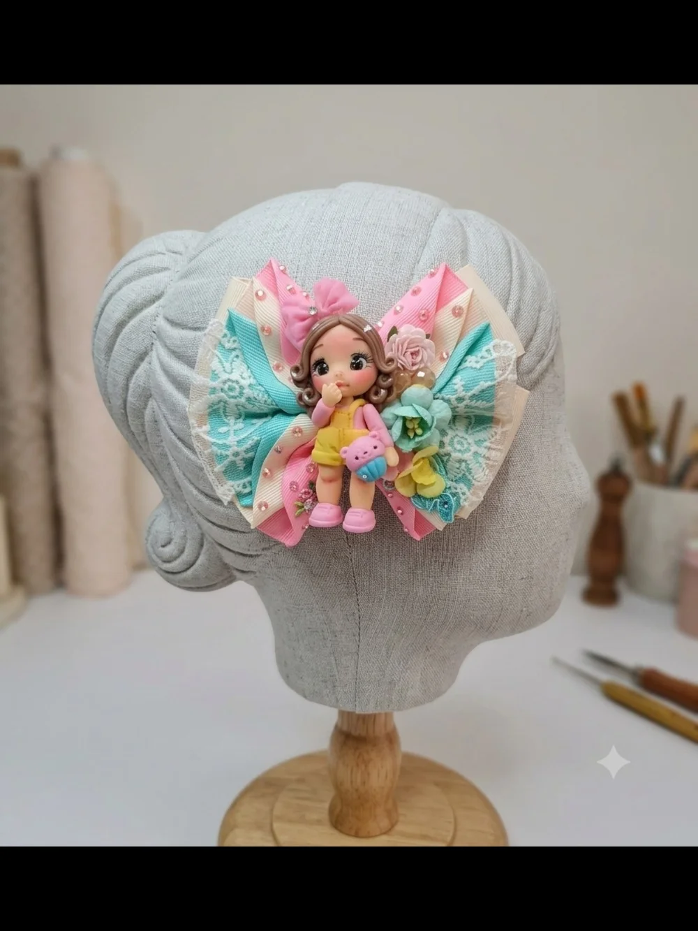 Handmade Pastel Pink & Aqua Doll Bow Hair Clip for Women and Girls
